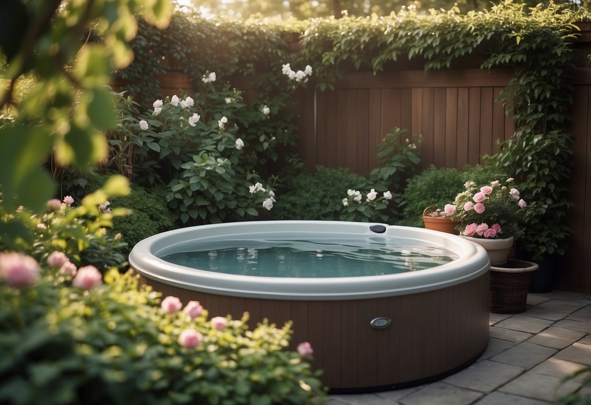 A cozy hot tub nestled in a lush garden, surrounded by a portable privacy screen adorned with climbing vines and flowers