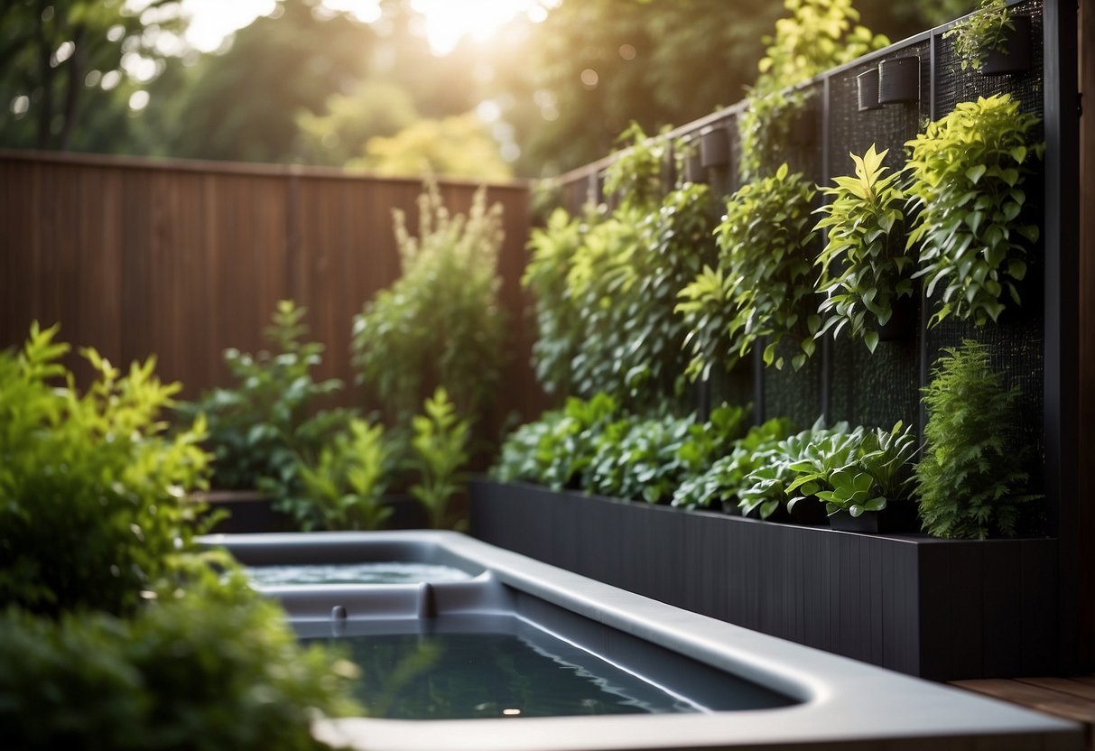 A row of garden wall planters hang above a hot tub, creating a privacy screen. The planters are filled with lush greenery, adding a natural element to the outdoor space