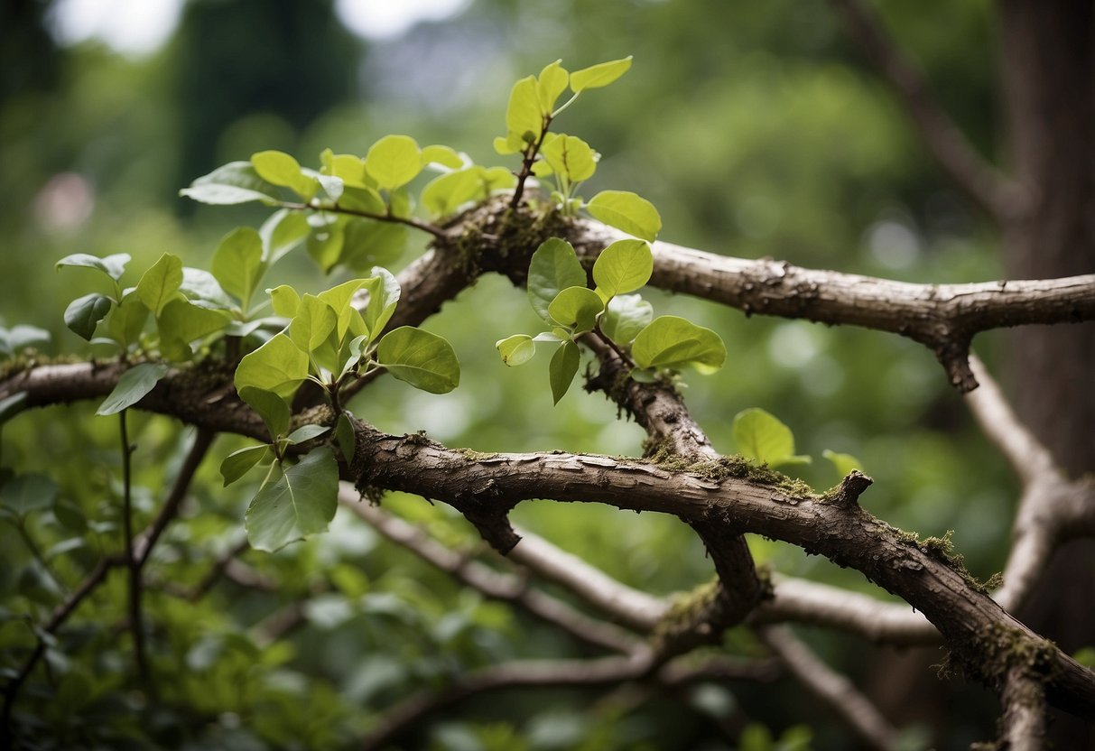 Rustic twig arbors intertwine in a lush garden, creating a natural and whimsical atmosphere