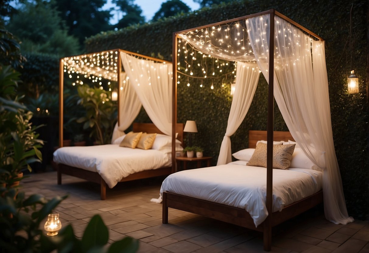 Two twin beds with fairy light canopies in a lush garden setting