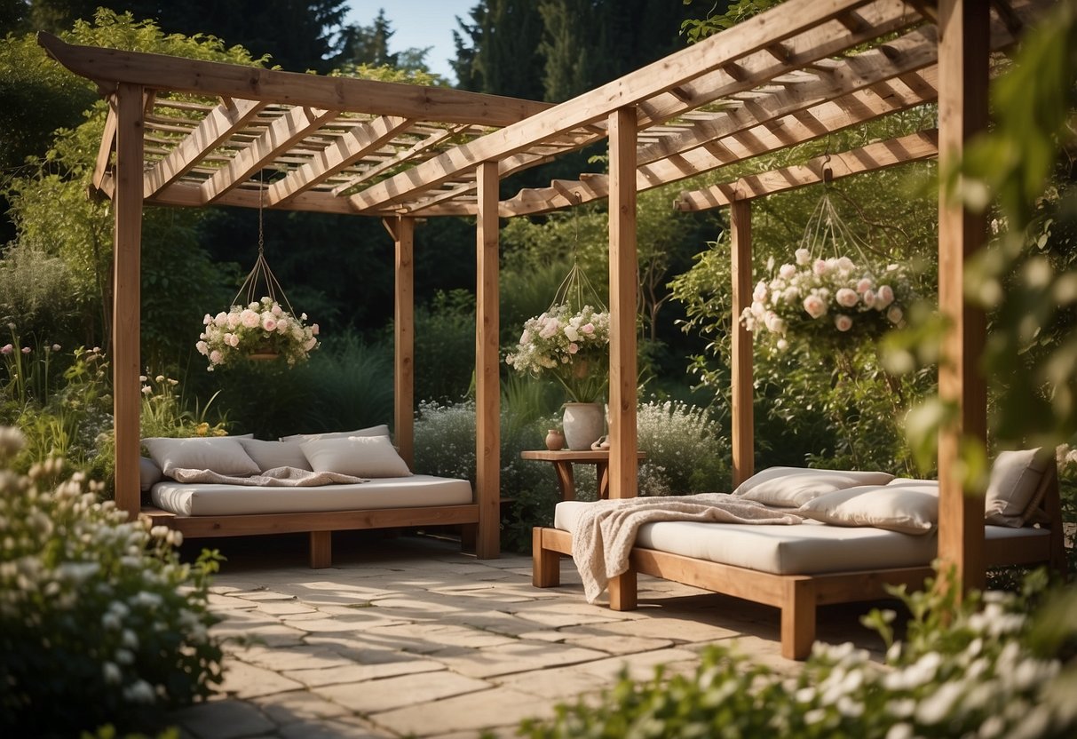 Two rustic wooden pergola twin beds nestled in a lush garden, surrounded by blooming flowers and greenery, creating a serene and cozy outdoor retreat