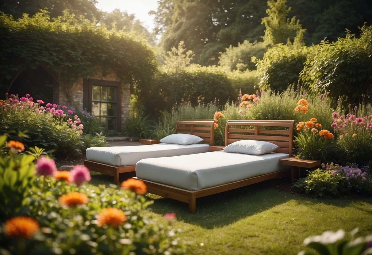 Two twin beds nestled in a lush garden, surrounded by vibrant flowers and greenery. A peaceful and serene setting, perfect for relaxation and enjoying the beauty of nature