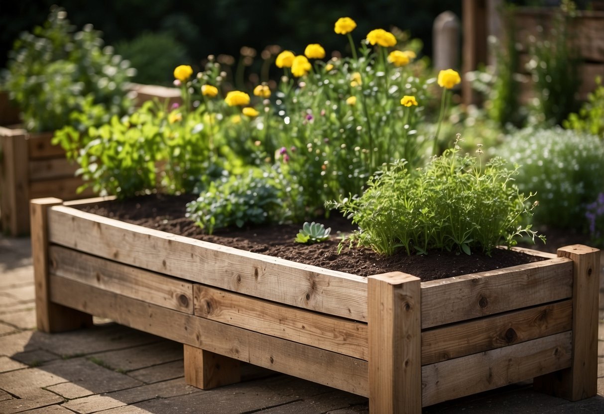 A raised bed planter made of reclaimed sleepers, with two tiers, surrounded by a lush garden