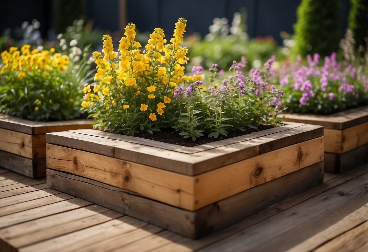 A garden with two-tier flower beds made of wooden sleepers, creating a multi-level effect