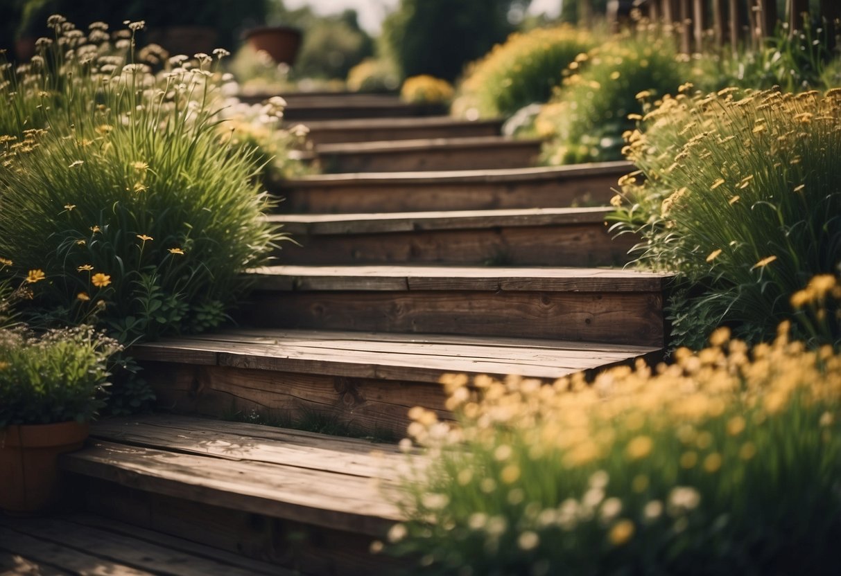 Rustic wooden steps lead up to a two-tier garden with sleepers