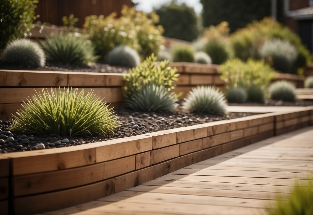 A two-tier garden with modern timber retaining walls using sleepers, creating a stylish and functional landscape feature