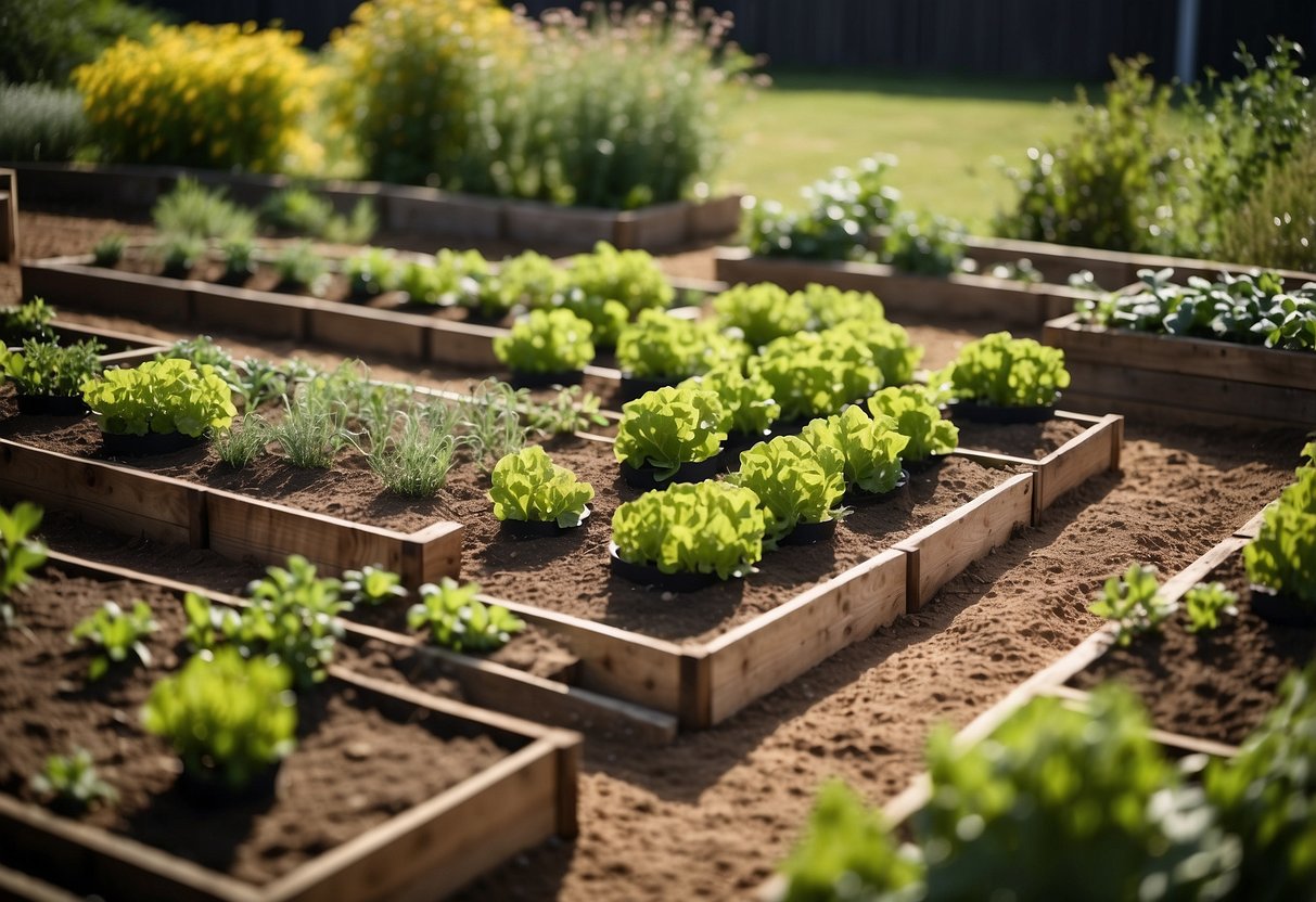 A garden with raised vegetable patches using sleepers in a tiered design