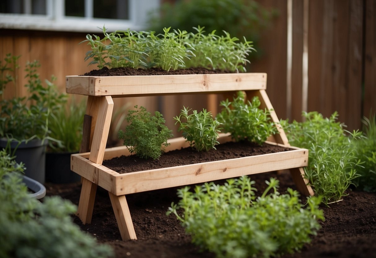 A simple two-tier herb garden with wooden sleepers. Top tier holds basil, thyme, and mint. Bottom tier has rosemary, parsley, and chives