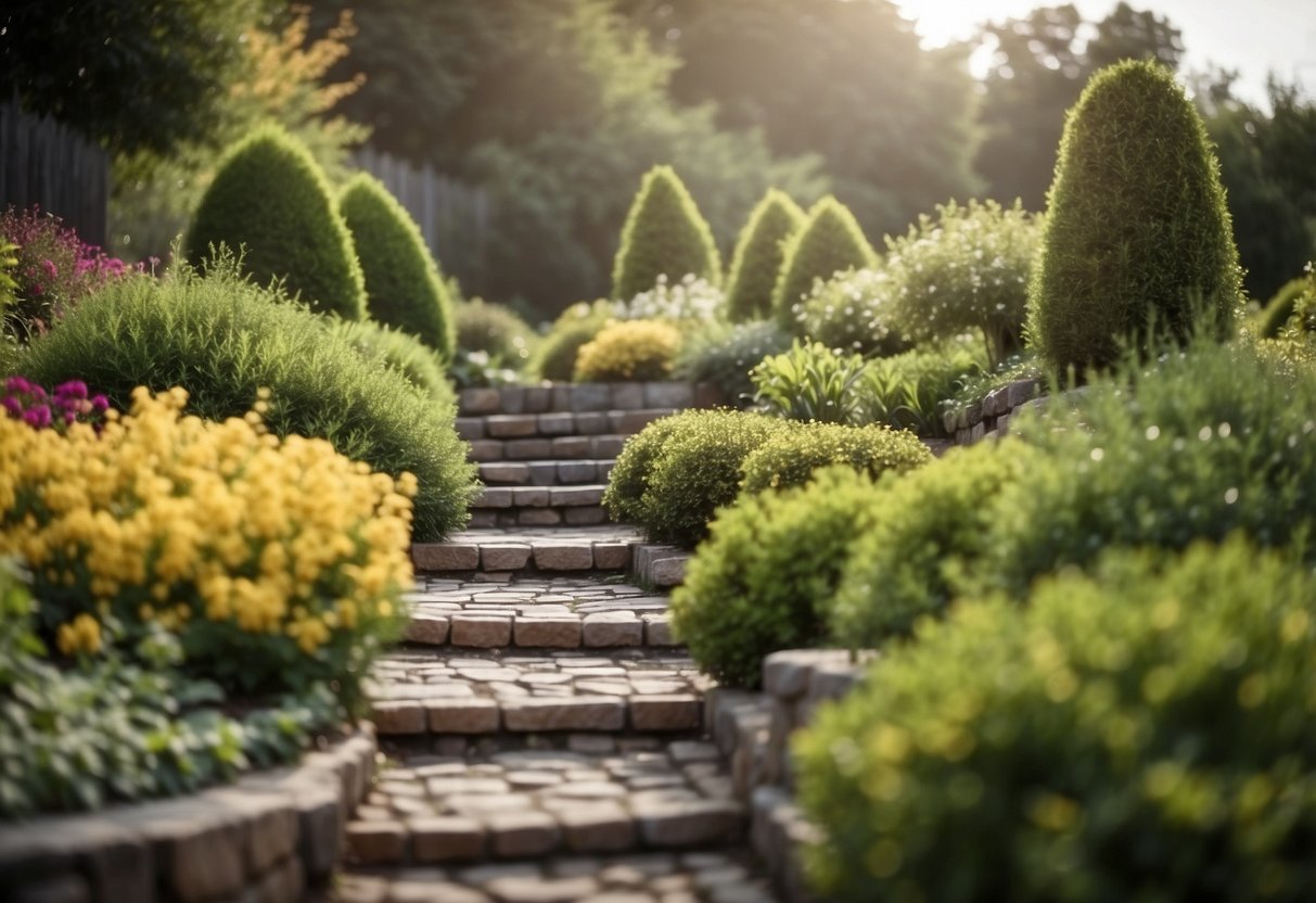 A garden with terraced shrub borders and two-tier design using sleepers for landscaping