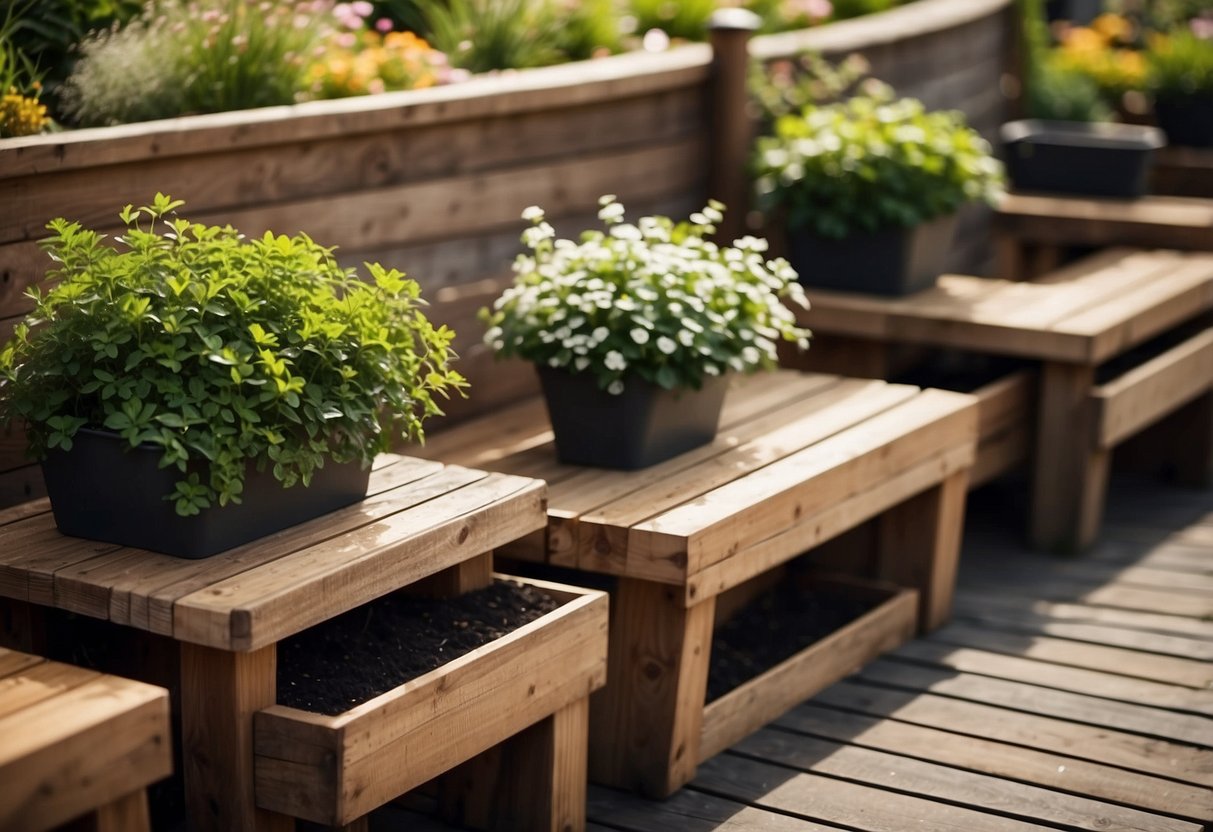 A wooden seat surrounded by two-tier garden planters made from sleepers