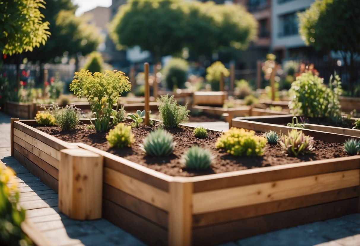 A colorful children's play area surrounded by two-tier garden beds made with sleeper edges