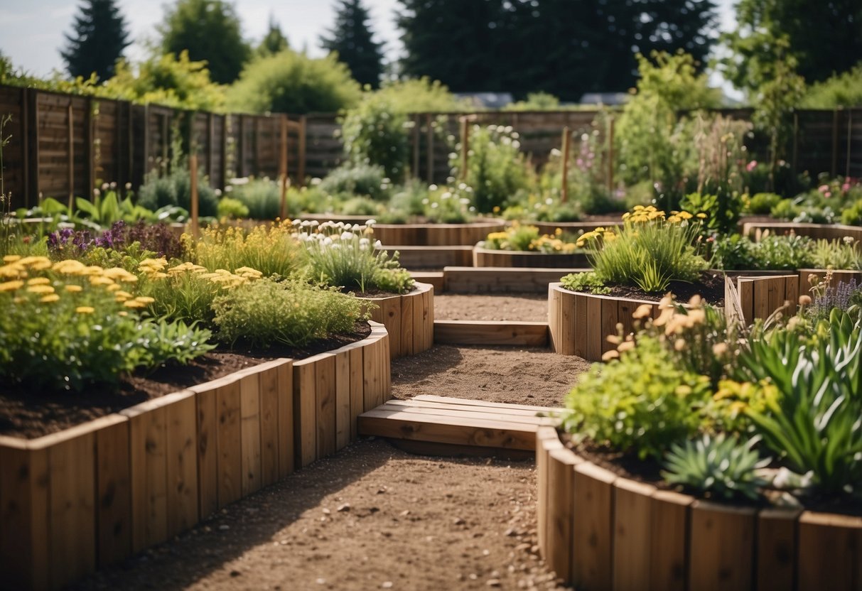 A lush garden with raised flower beds made of wooden sleepers, creating a beautiful two-tiered landscape