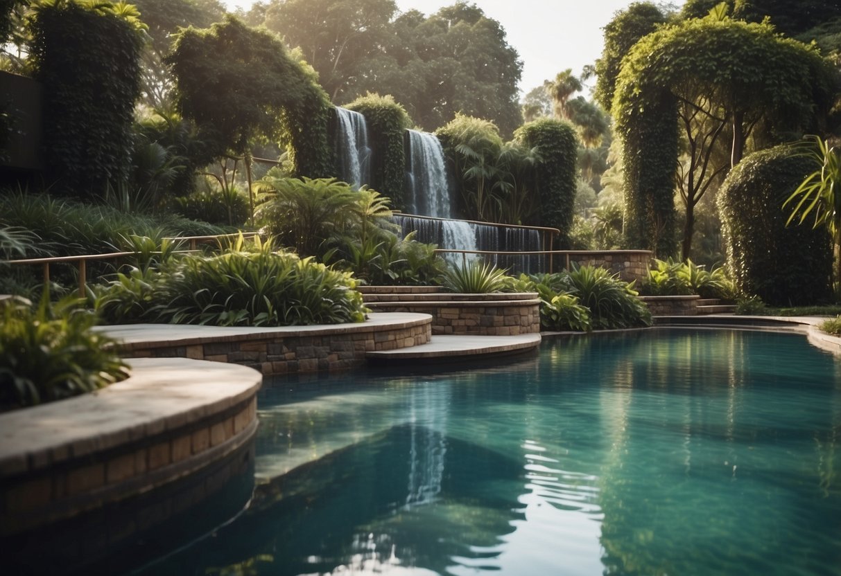 An infinity pool overlooks a lush two-level garden with a waterfall edge. The cascading water creates a serene and luxurious atmosphere