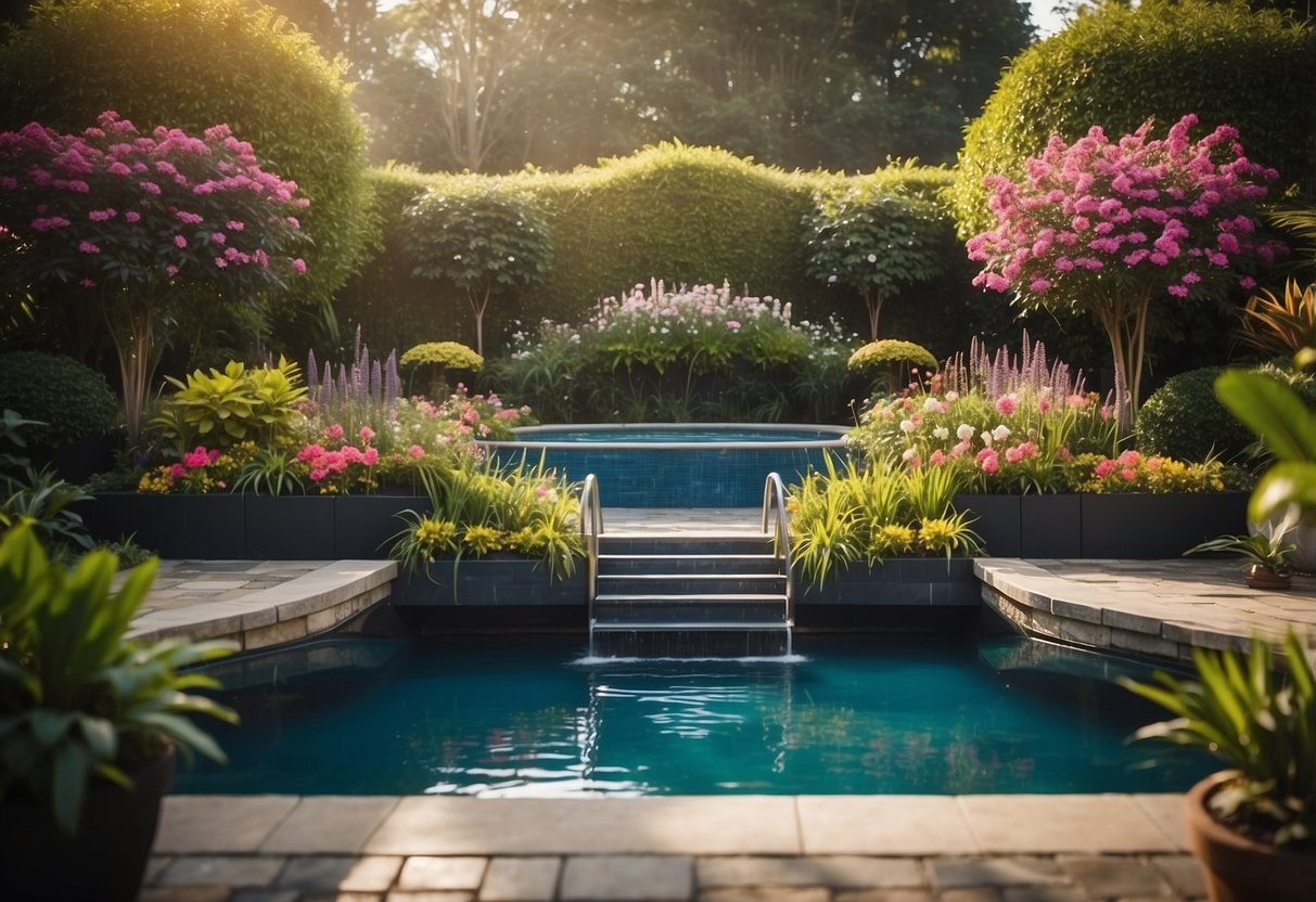 A two-level garden with tiered planter boxes surrounds a sparkling pool. Lush greenery and colorful flowers fill the planters, creating a vibrant and inviting outdoor space