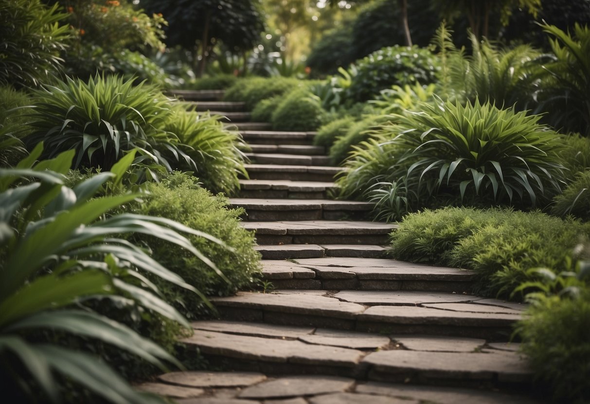 Stone steps wind through a lush garden, leading to a pool surrounded by greenery. Two levels create a dynamic and inviting space