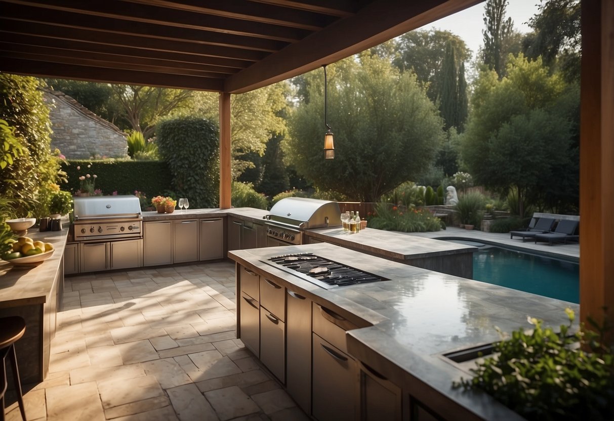 An outdoor kitchen with a bar overlooks a two-level garden with a pool