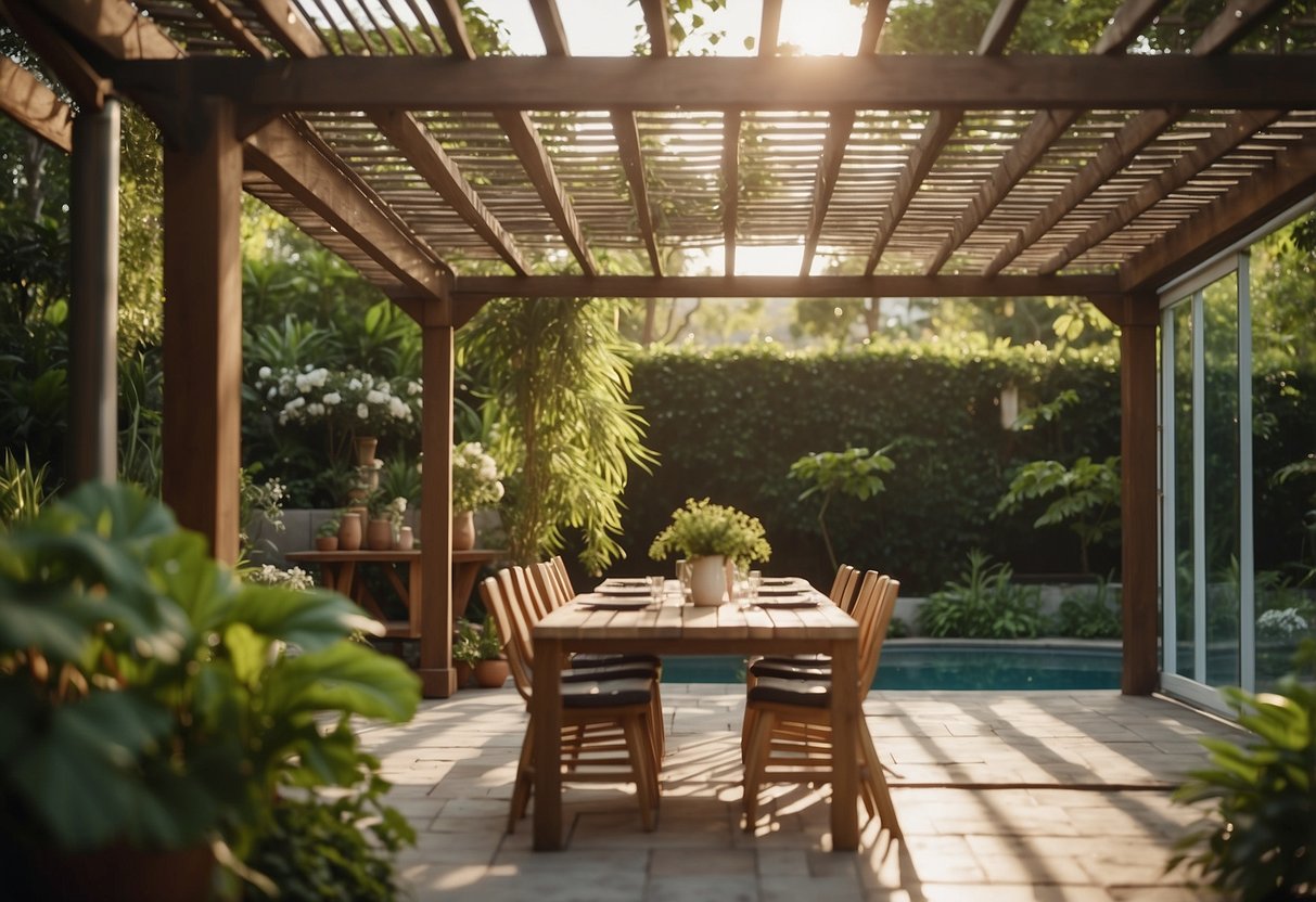 A pergola-covered dining area overlooks a two-level garden with a pool. The lush greenery and tranquil water create a serene outdoor oasis