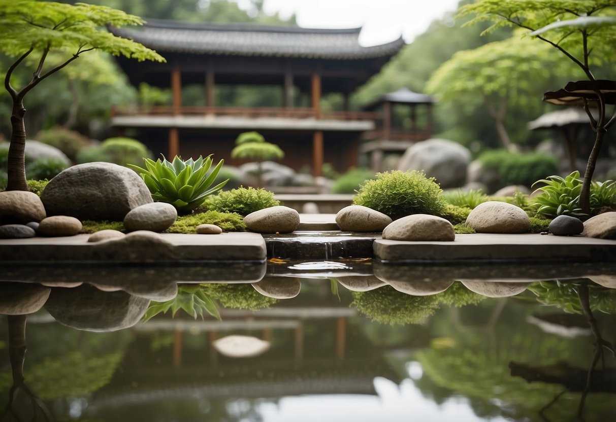 A serene Zen garden with two levels, featuring a tranquil pool as the focal point