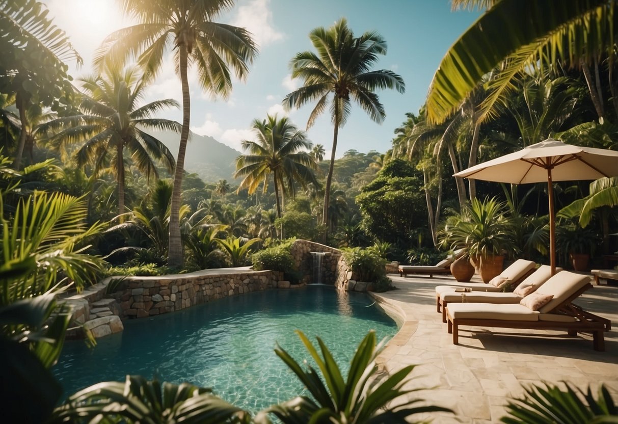 A lush tropical island with palm trees, two-tiered gardens, and a sparkling pool