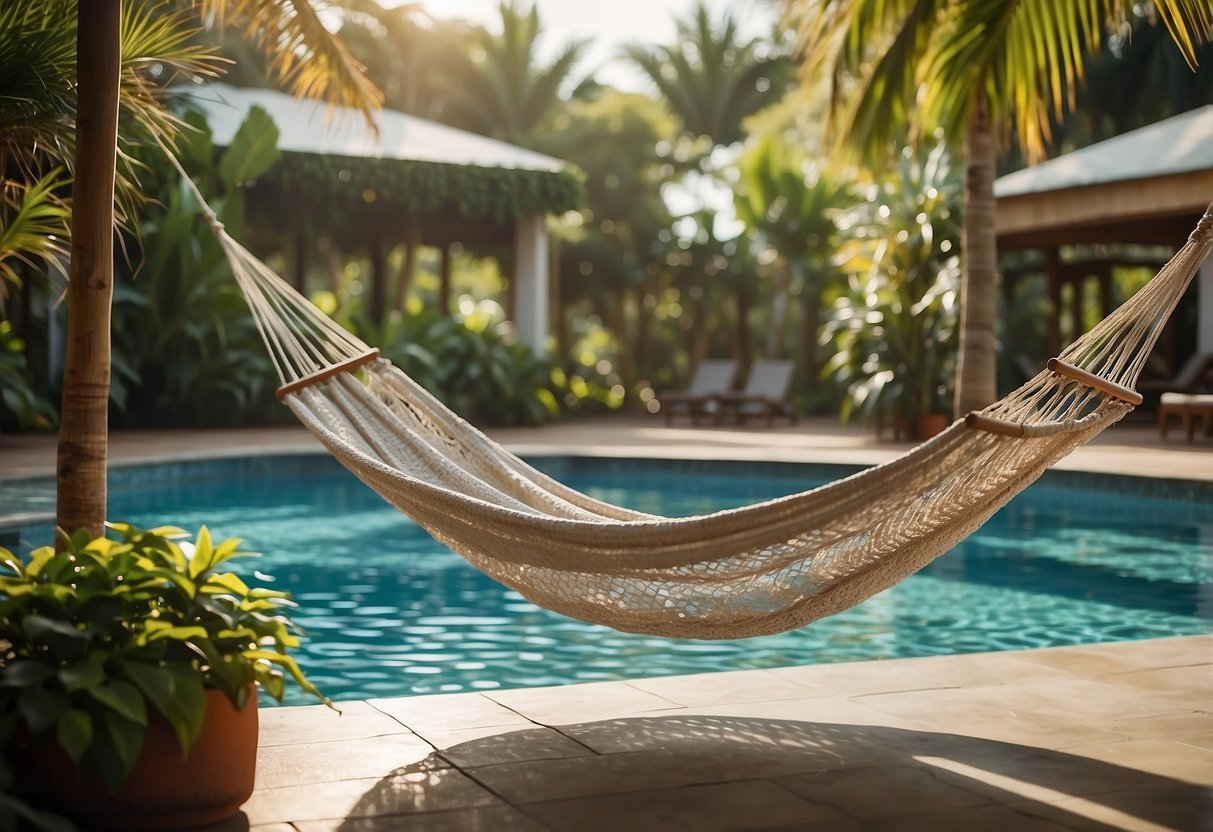 Hammocks hang in a lush garden with a two-level design and a sparkling pool