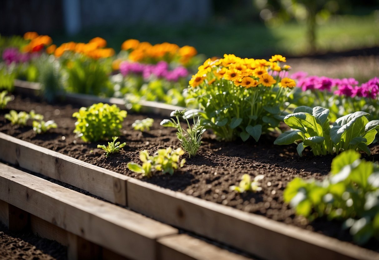 A raised bed vegetable garden in Virginia, with neatly arranged rows of vibrant plants and colorful flowers bordering the edges