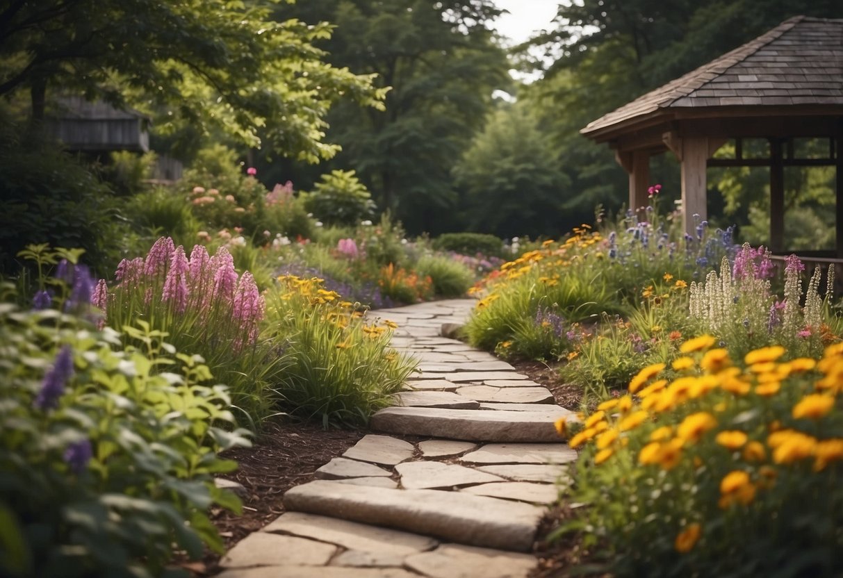 A winding path through a Virginia garden, lined with native wildflowers in full bloom, creating a colorful and vibrant display of natural beauty