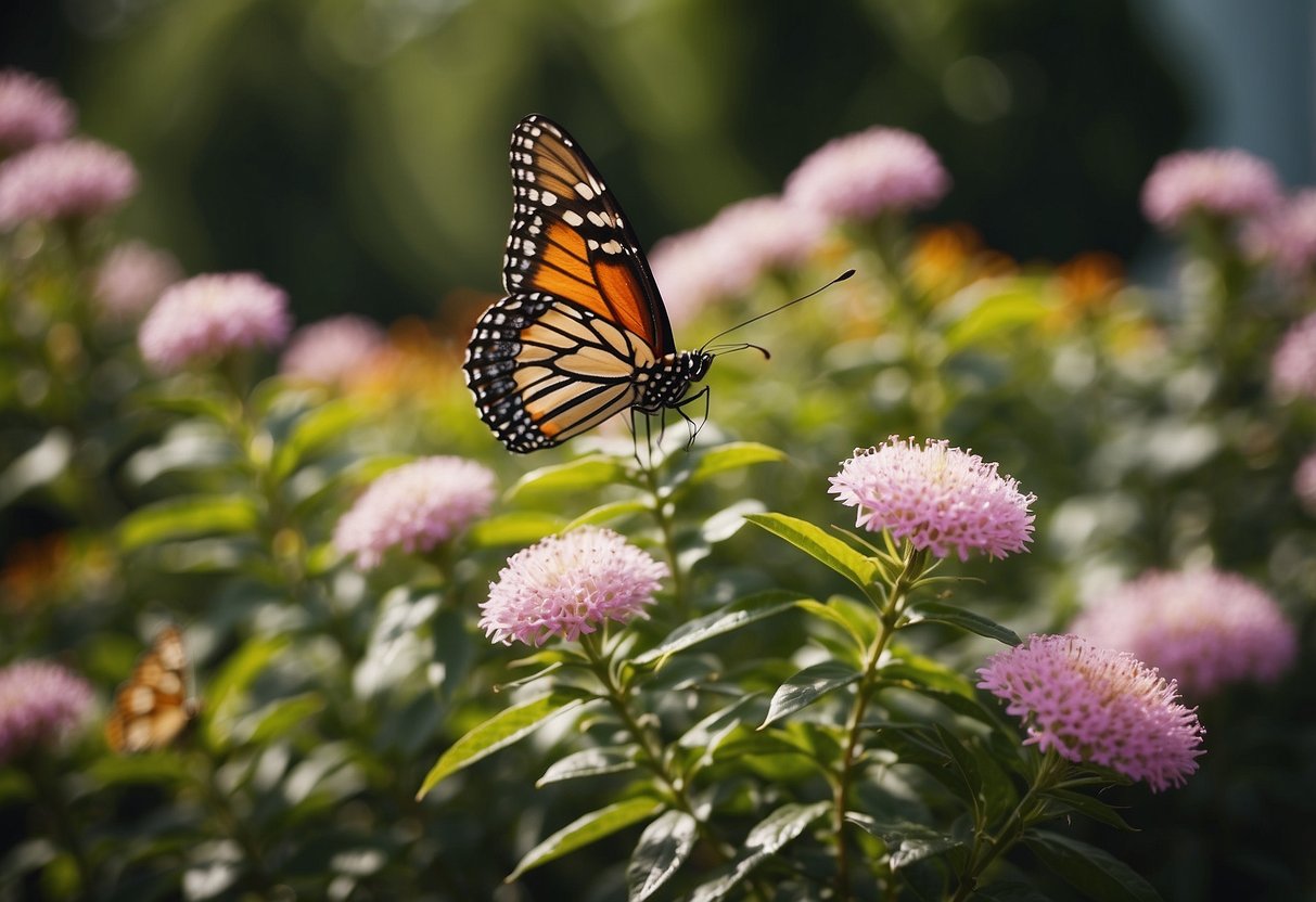 Colorful shrubs bloom in a Virginia garden, attracting butterflies with their vibrant flowers. The delicate insects flit among the blossoms, creating a picturesque scene