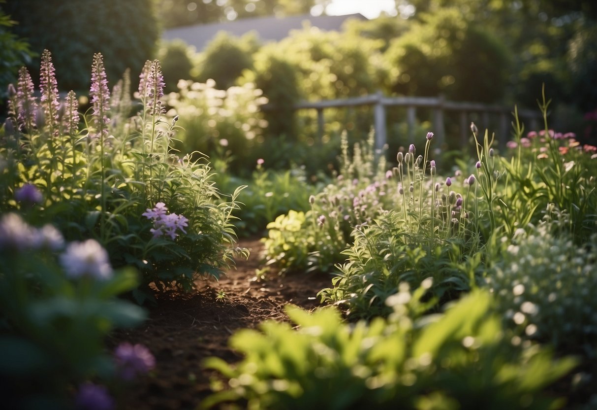 A spiral garden with various herbs in a Virginia backyard, surrounded by lush greenery and blooming flowers