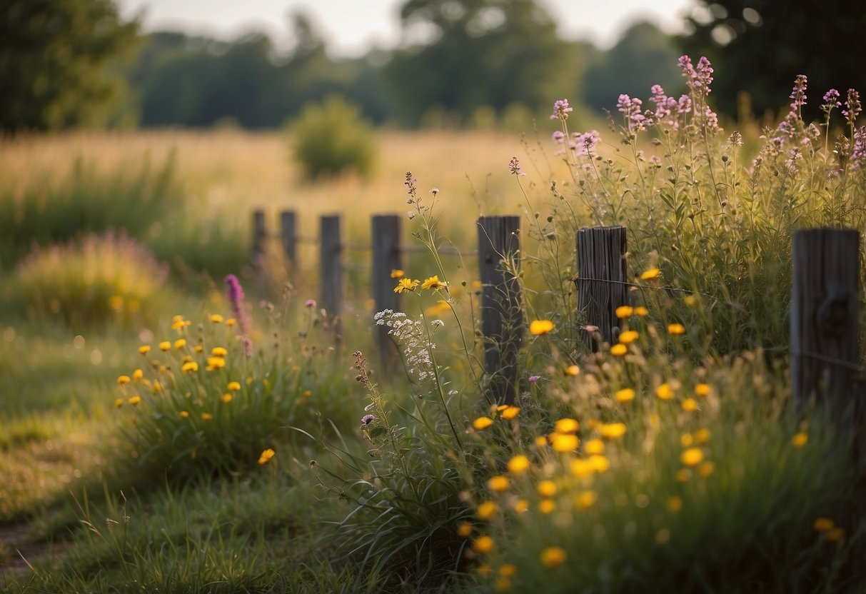 A small, vibrant pocket prairie in Virginia, bursting with native wildflowers and grasses, surrounded by a wooden fence with a quaint garden gate