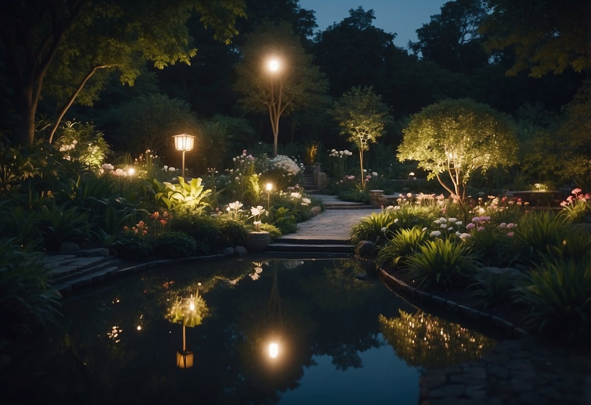 A serene garden at night, with moonlight illuminating lush plants, flowers, and winding paths. A tranquil pond reflects the glowing moon, creating a peaceful and enchanting atmosphere