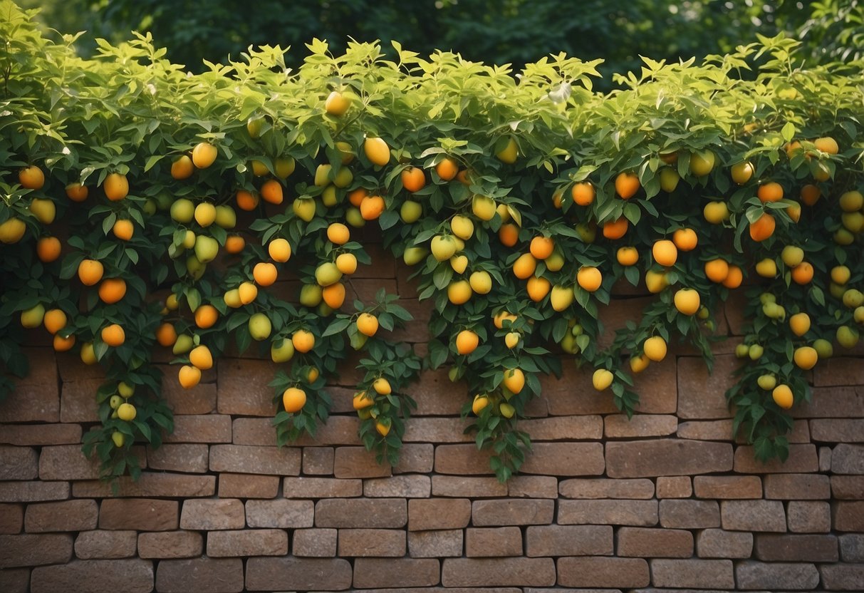 A fruit tree espalier against a rustic Virginia garden wall, with lush greenery and colorful fruits hanging from the branches