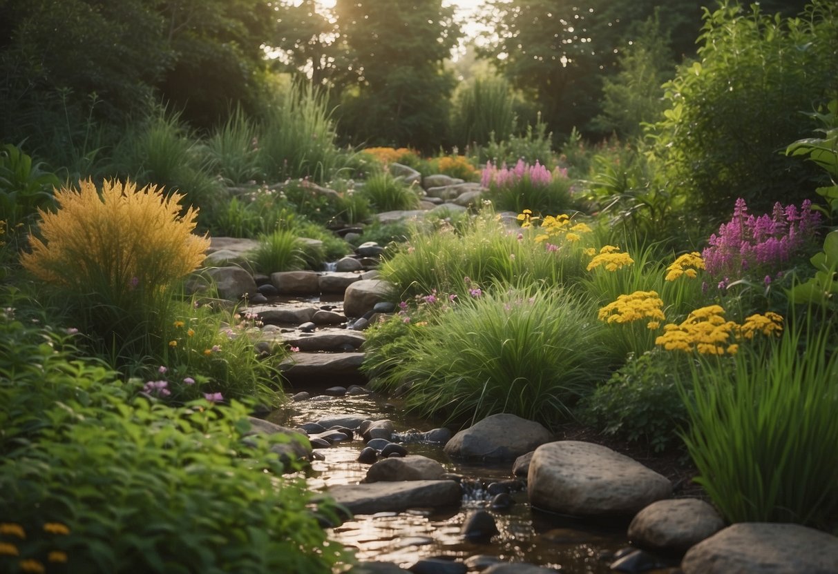 Lush green plants surround a peaceful rain garden, with a variety of colorful flowers and native grasses. A small stream meanders through the garden, creating a serene and natural retreat