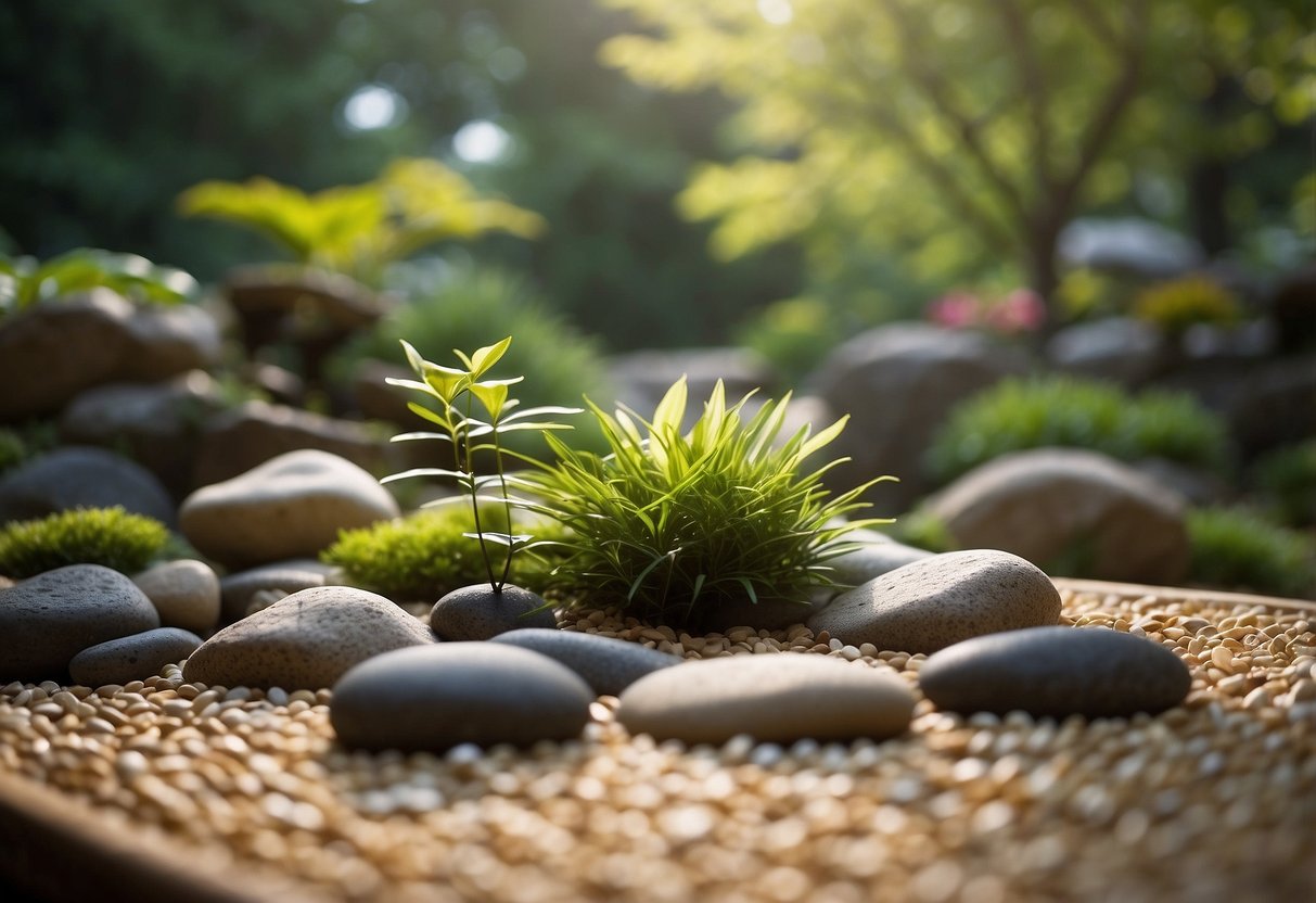 A serene Zen garden with carefully raked gravel, a tranquil koi pond, and lush greenery, nestled within the peaceful landscape of Virginia