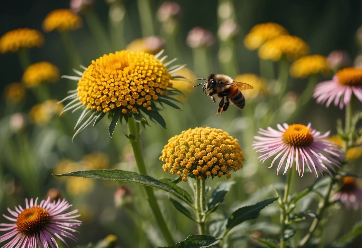 A colorful garden filled with native perennials, buzzing with bees and butterflies. Bright coneflowers, milkweed, and goldenrod attract pollinators in a lush Virginia landscape