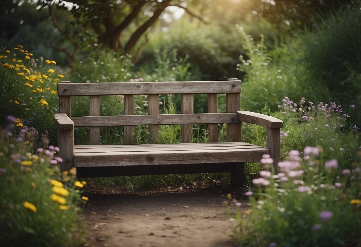 A weathered wooden bench sits in a lush garden, surrounded by wildflowers and overgrown greenery