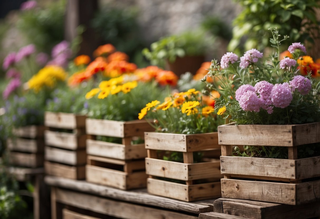 Weathered wooden crates arranged in a garden, filled with vibrant flowers and herbs. A rustic, vintage feel with a touch of natural beauty