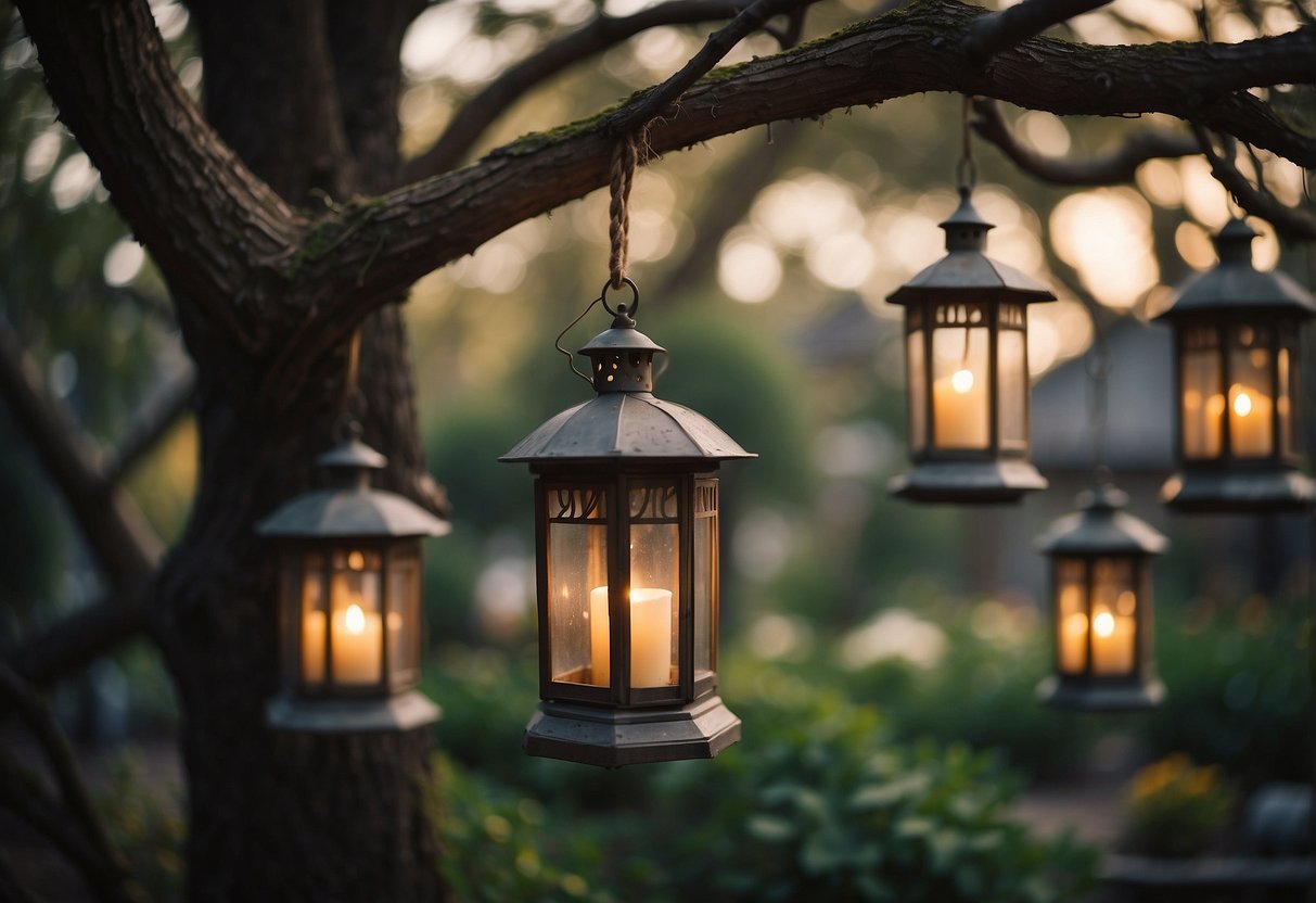 The vintage lanterns hang from the twisted branches of a weathered tree, casting a warm glow on the rustic garden, creating a cozy and inviting atmosphere