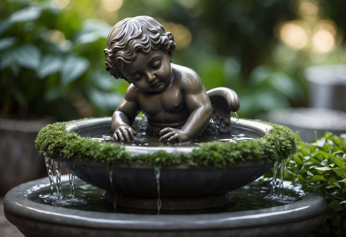 A cherub fountain surrounded by lush greenery, with water flowing from the cherub's mouth into a basin below