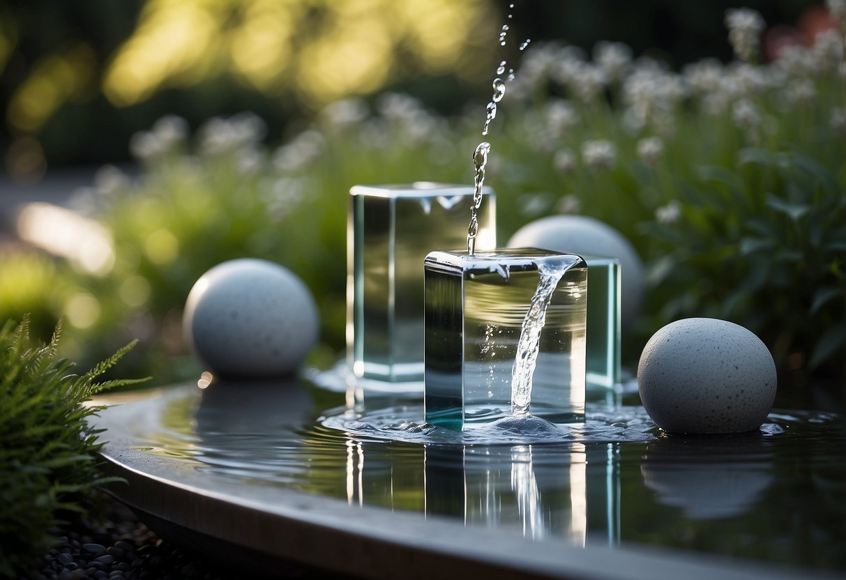 A sleek, geometric cube fountain stands in a modern garden, water cascading down its smooth sides, creating a tranquil and contemporary atmosphere