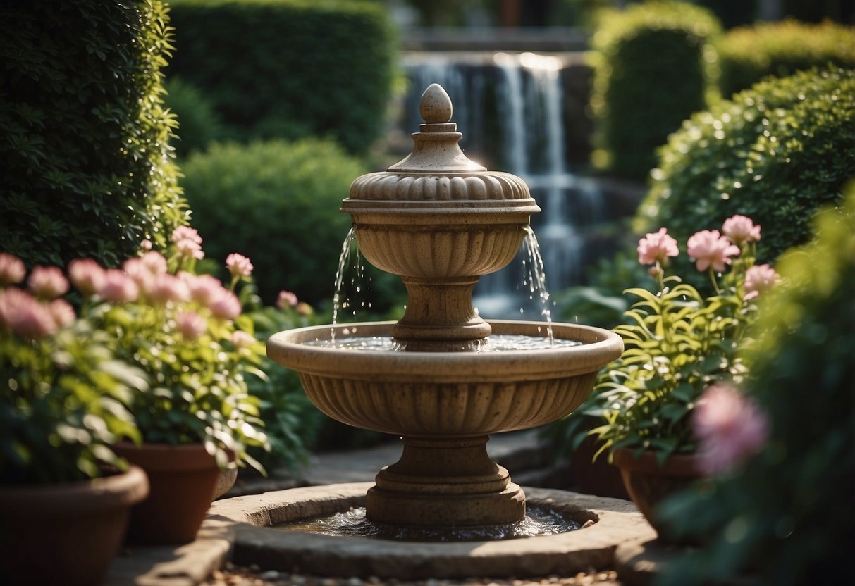 A vintage urn fountain sits in a lush garden, surrounded by blooming flowers and greenery. Water cascades gently from the urn, creating a tranquil and peaceful atmosphere