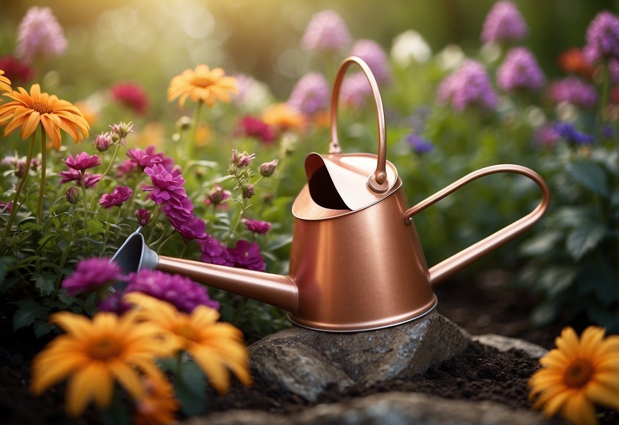 A copper watering can pours water over a vibrant garden of flowers and plants