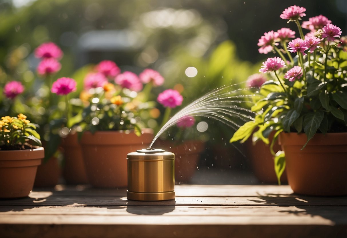 A vintage brass sprinkler can sits on a wooden garden table, surrounded by blooming flowers and potted plants. The can is pouring water onto the soil, creating a serene and nurturing atmosphere