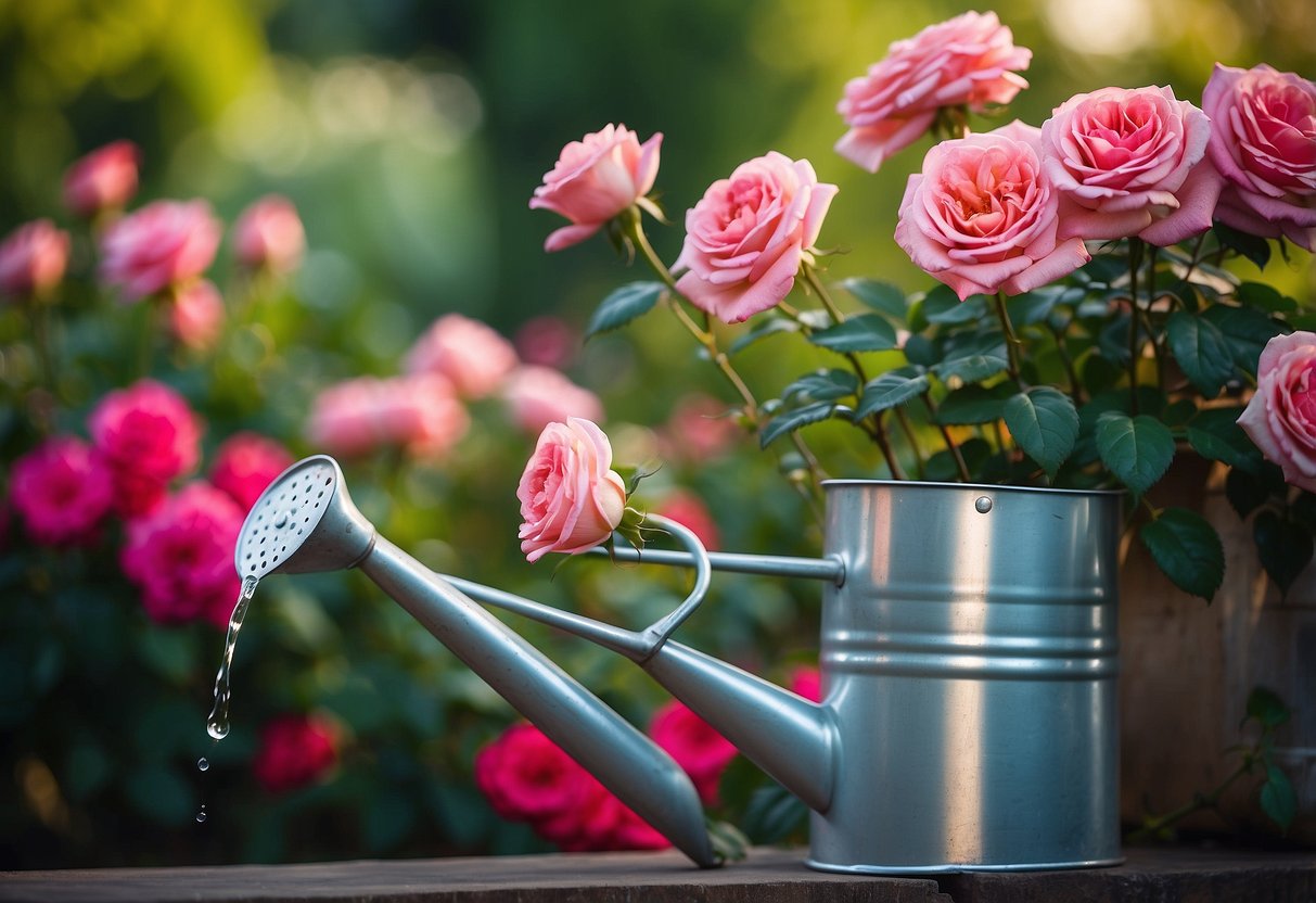 A galvanized steel watering can overflows with vibrant roses in a lush garden setting