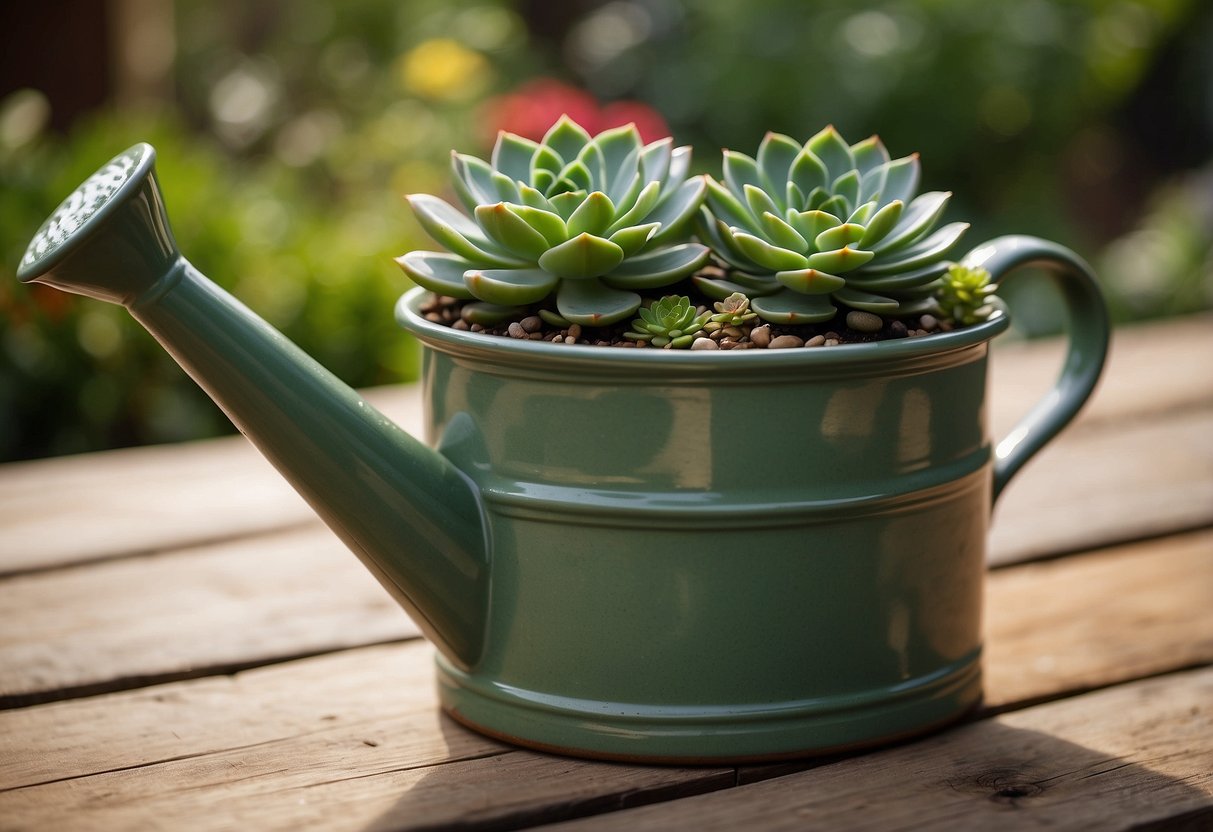 A ceramic succulent planter sits on a wooden garden table, next to a vintage watering can. Lush greenery surrounds the scene, suggesting creative garden ideas