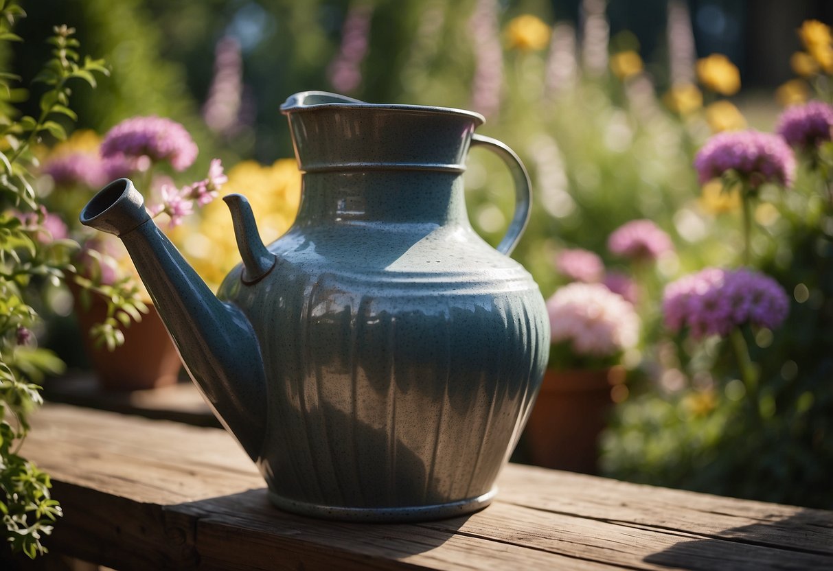 A rustic wooden-handled watering jug pours water onto a garden of blooming flowers