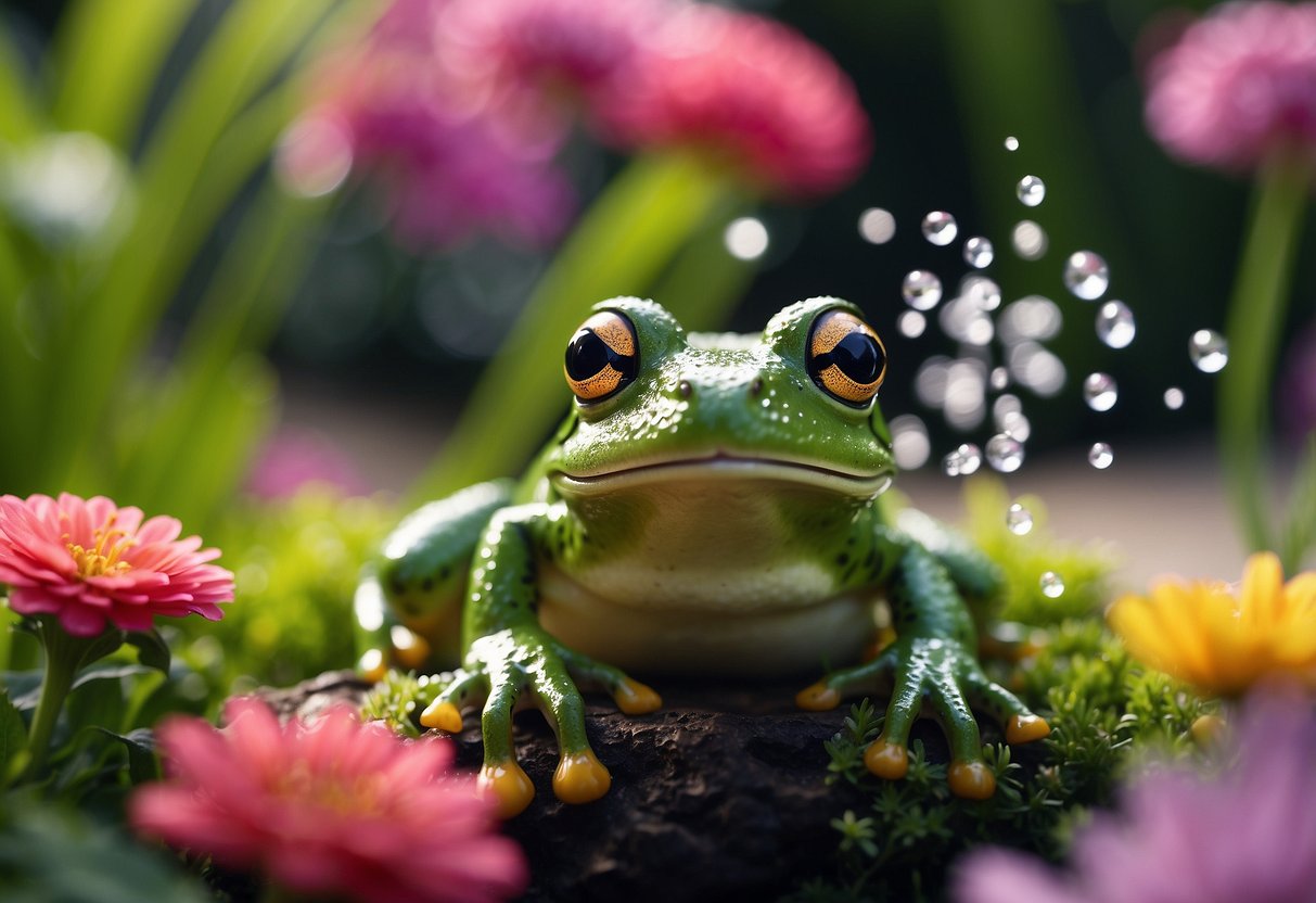 A whimsical frog-shaped sprinkler waters a vibrant garden, with colorful flowers and lush greenery surrounding it