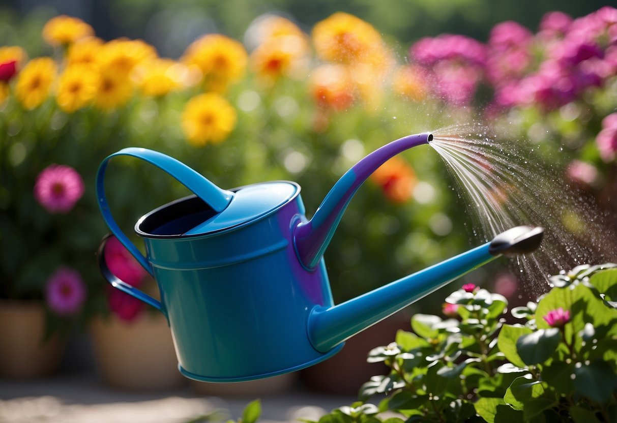 A vibrant rainbow pail watering can pours water over a blooming garden, adding a splash of color to the greenery