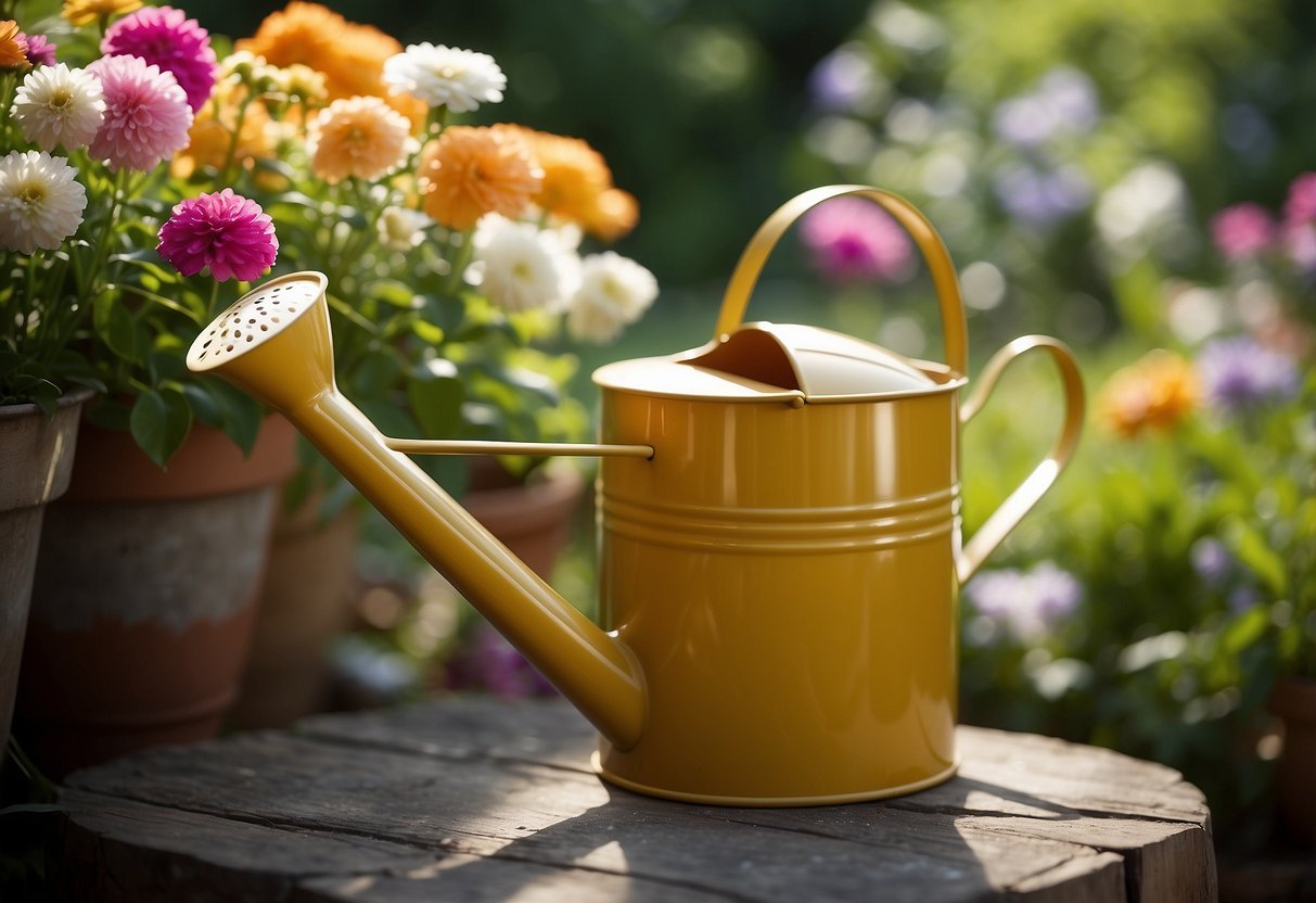 A colorful watering can sits among blooming flowers in a lush garden, ready to be used for watering plants