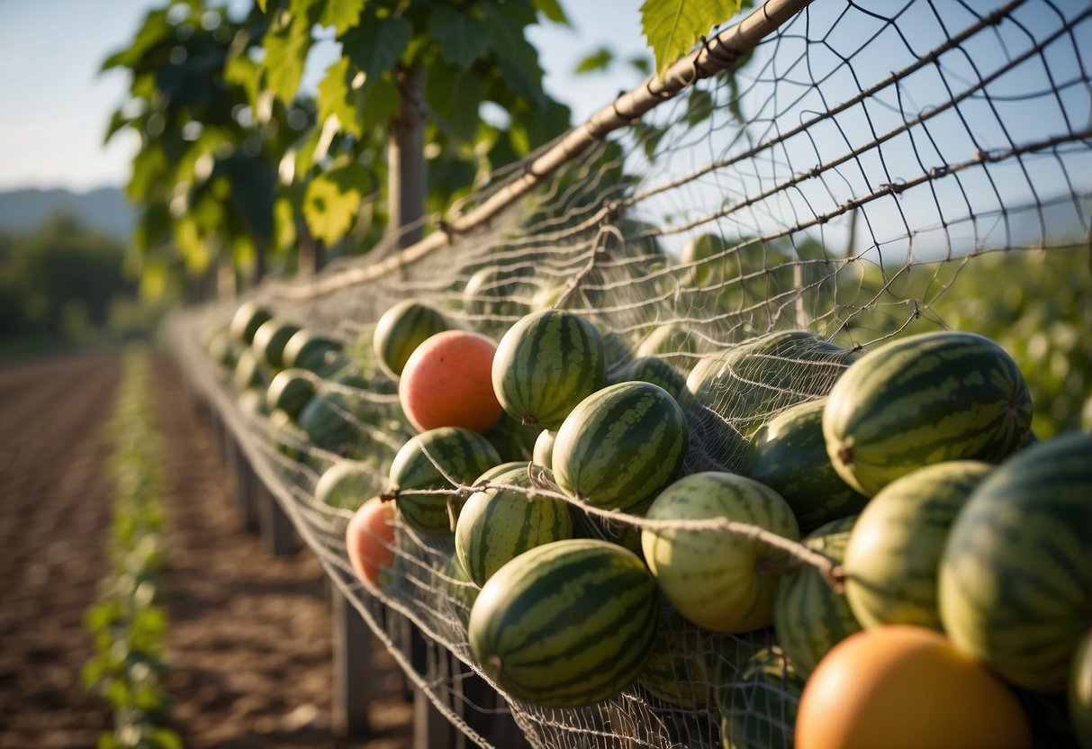 Bird netting drapes over a lush watermelon patch, protecting the fruit from hungry birds. Sturdy poles support the netting, ensuring a bountiful harvest