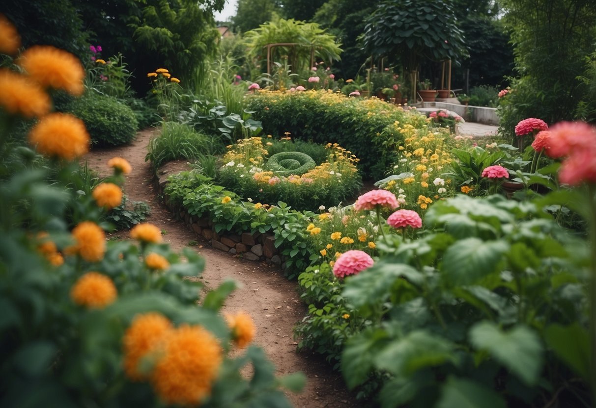 A vibrant herb spiral with watermelon vines cascading down, surrounded by a variety of companion plants and flowers